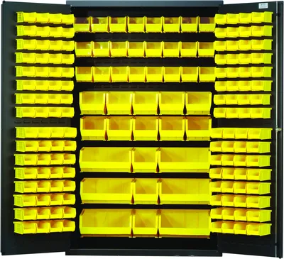 Quantum QSC-BG-48YL Heavy-Duty 48" Bin Cabinet, 48"W x 24"D x 78"H, 400 lb capacity, Beige — in use