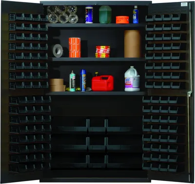 Quantum QSC-48BK Heavy-Duty 48" Bin Cabinet, 48"W x 24"D x 78"H, 400 lb capacity, Gray — in use