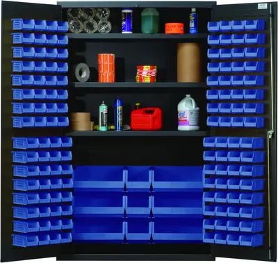 Quantum QSC-48BL Heavy-Duty 48" Bin Cabinet, 48"W x 24"D x 78"H, 400 lb capacity, Gray — in use