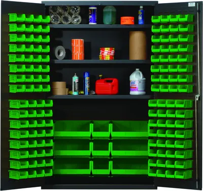 Quantum QSC-BG-48GN Heavy-Duty 48" Bin Cabinet, 48"W x 24"D x 78"H, 400 lb capacity, Beige — in use
