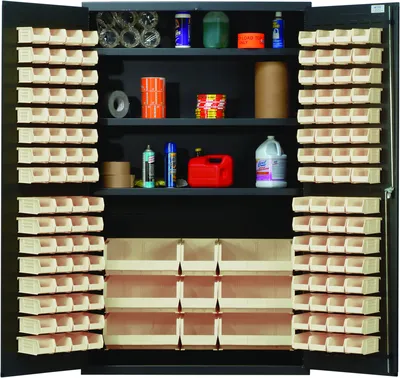 Quantum QSC-BG-48CL Heavy-Duty 48" Bin Cabinet, 48"W x 24"D x 78"H, 400 lb capacity, Beige — in use