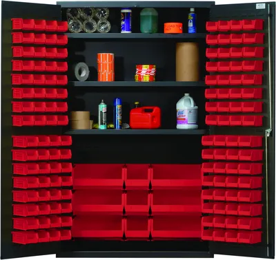 Quantum QSC-48RD Heavy-Duty 48" Bin Cabinet, 48"W x 24"D x 78"H, 400 lb capacity, Gray — in use