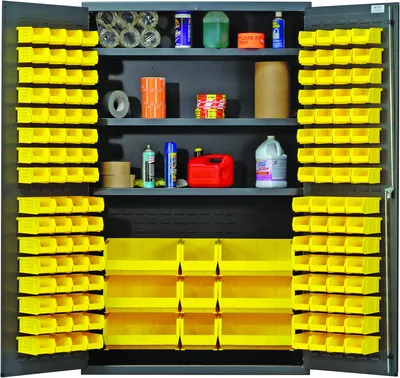 Quantum QSC-BG-48SYL Heavy-Duty 48" Bin Cabinet, 48"W x 24"D x 78"H, 400 lb capacity, Beige — in use
