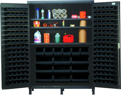 Quantum QSC-BG-60BK Heavy-Duty 60" Bin Cabinet, 60"W x 24"D x 84"H, 500 lb capacity, Beige — in use