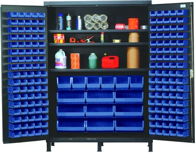 Quantum QSC-BG-60BL Heavy-Duty 60" Bin Cabinet, 60"W x 24"D x 84"H, 500 lb capacity, Beige — in use