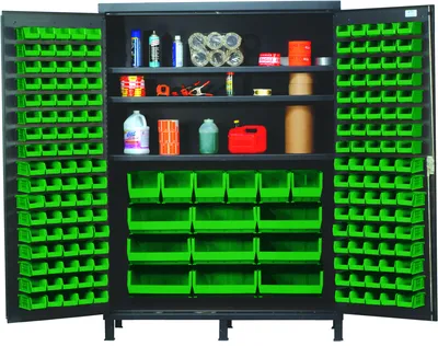 Quantum QSC-BG-60SGN Heavy-Duty 60" Bin Cabinet, 60"W x 24"D x 84"H, 500 lb capacity, Beige — in use