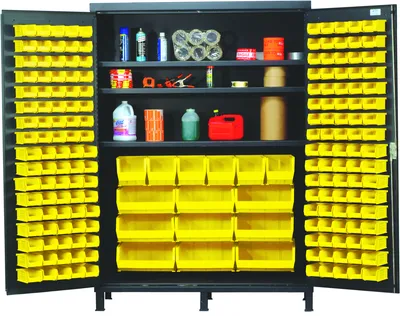 Quantum QSC-BG-60YL Heavy-Duty 60" Bin Cabinet, 60"W x 24"D x 84"H, 500 lb capacity, Beige — in use