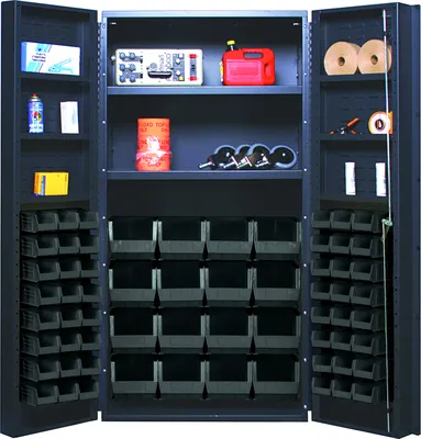 Quantum QSC-BG-64-2S-6DSBK Heavy-Duty 36" Bin Cabinet, 36"W x 24"D x 72"H, 800 lb capacity, Beige — in use