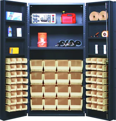 Quantum QSC-BG-32-2S-6DSIV Heavy-Duty 36" Bin Cabinet, 36"W x 24"D x 72"H, 800 lb capacity, Beige — in use