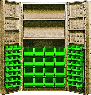 Quantum QSC-BG-64-2S-6DSGN Heavy-Duty 36" Bin Cabinet, 36"W x 24"D x 72"H, 800 lb capacity, Beige