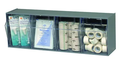 Quantum QTB304GY Tip Out Bin, 23-5/8"W x 6-5/8"D x 8-1/8"H, Gray/Crystal — in use