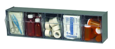 Quantum QTB305GYNC Tip Out Bin, 23-5/8"W x 5-1/4"D x 6-1/2"H, Gray — in use
