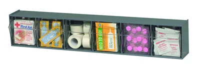 Quantum QTB306GYNC Tip Out Bin, 23-5/8"W x 3-5/8"D x 4-1/2"H, Gray — in use
