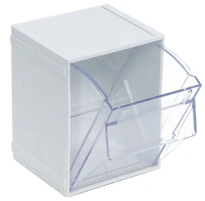 Quantum QTB405WTCS Tip Out Bin, 4-3/4"W x 5-1/4"D x 6-1/4"H, White/Crystal, Case of 5