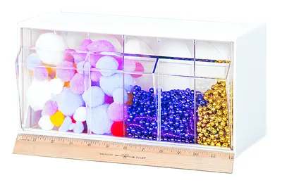 Quantum QTB410GY Dividable Tip Out Bin, 11-7/8"W x 5-1/4"D x 5-15/16"H, Gray/Crystal — in use