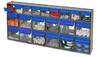 Quantum QTB669GY Tip Out Bin, 23-5/8"W x 3-5/8"D x 11-1/6"H, Gray/Crystal — in use