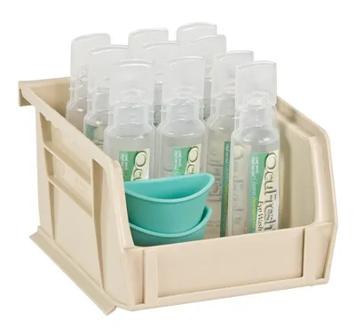 Quantum QUS210IVCS Stack & Hang Bin, 4-1/8"W x 5-3/8"D x 3"H, 15 lb capacity, Ivory, Case of 24 — in use