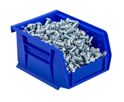 Quantum QUS210BLCS Stack & Hang Bin, 4-1/8"W x 5-3/8"D x 3"H, 15 lb capacity, Blue, Case of 24 — in use