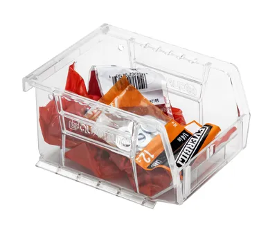 Quantum QUS210CCCS Stack & Hang Bin, 4-1/8"W x 5-3/8"D x 3"H, 15 lb capacity, Crystal Clear, Case of 24 — in use
