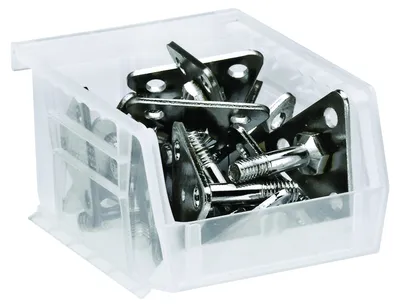 Quantum QUS210CLCS Stack & Hang Bin, 4-1/8"W x 5-3/8"D x 3"H, 15 lb capacity, Clear, Case of 24 — in use