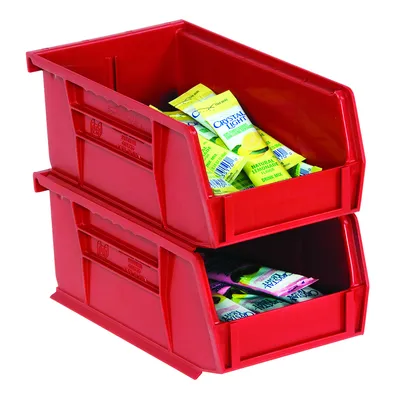 Quantum QUS224RDCS Stack & Hang Bin, 4-1/8"W x 10-7/8"D x 4"H, 35 lb capacity, Red, Case of 12 — in use