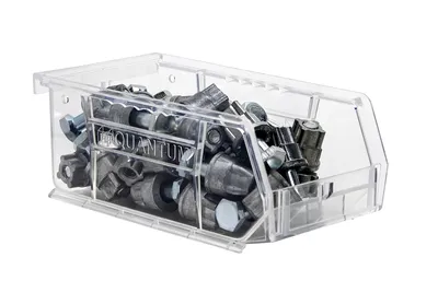 Quantum QUS220CCCS Stack & Hang Bin, 4-1/8"W x 7-3/8"D x 3"H, 15 lb capacity, Crystal Clear, Case of 24 — in use