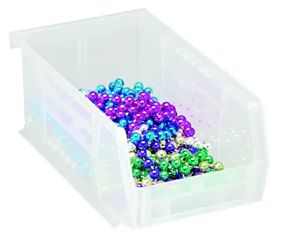 Quantum QUS220CLCS Stack & Hang Bin, 4-1/8"W x 7-3/8"D x 3"H, 15 lb capacity, Clear, Case of 24 — in use