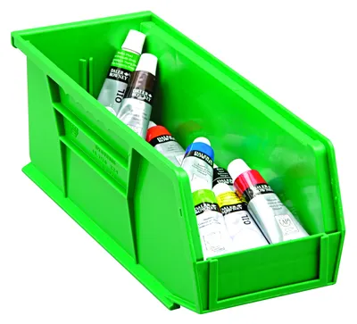 Quantum QUS240GNNB Stack & Hang Bin, 8-1/4"W x 14-3/4"D x 7"H, 65 lb capacity, Green — in use