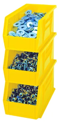 Quantum QUS224YLCS Stack & Hang Bin, 4-1/8"W x 10-7/8"D x 4"H, 35 lb capacity, Yellow, Case of 12 — in use