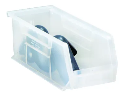 Quantum QUS224CLCS Stack & Hang Bin, 4-1/8"W x 10-7/8"D x 4"H, 35 lb capacity, Clear, Case of 12 — in use
