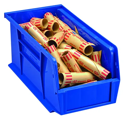 Quantum QUS236BLCS Stack & Hang Bin, 11"W x 7-3/8"D x 3"H, 35 lb capacity, Blue, Case of 8 — in use