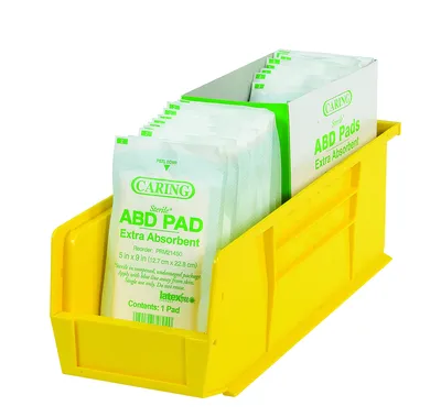 Quantum QUS232YLCS Stack & Hang Bin, 11"W x 5-3/8"D x 3"H, 35 lb capacity, Yellow, Case of 8 — in use
