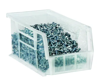 Quantum QUS232CLCS Stack & Hang Bin, 11"W x 5-3/8"D x 3"H, 35 lb capacity, Clear, Case of 8 — in use