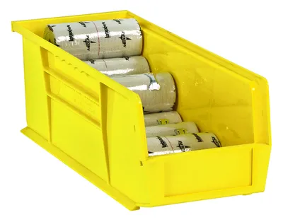 Quantum QUS234YLCS Stack & Hang Bin, 5-1/2"W x 14-3/4"D x 5"H, 55 lb capacity, Yellow, Case of 12 — in use