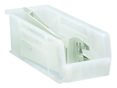Quantum QUS234CLCS Stack & Hang Bin, 5-1/2"W x 14-3/4"D x 5"H, 55 lb capacity, Clear, Case of 12 — in use