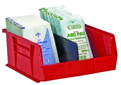Quantum QUS236RDCS Stack & Hang Bin, 11"W x 7-3/8"D x 3"H, 35 lb capacity, Red, Case of 8 — in use