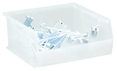Quantum QUS238CLCS Stack & Hang Bin, 5-1/2"W x 18"D x 5"H, 45 lb capacity, Clear, Case of 12 — in use