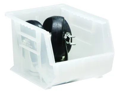 Quantum QUS239CLCS Stack & Hang Bin, 8-1/4"W x 10-3/4"D x 7"H, 55 lb capacity, Clear, Case of 6 — in use