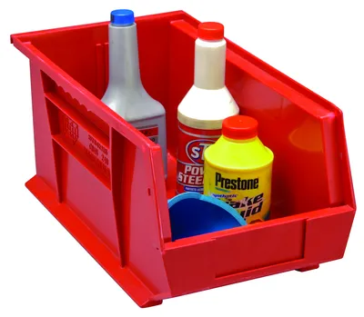 Quantum QUS248RDCS Stack & Hang Bin, 8-1/4"W x 18"D x 7"H, 80 lb capacity, Red, Case of 6 — in use