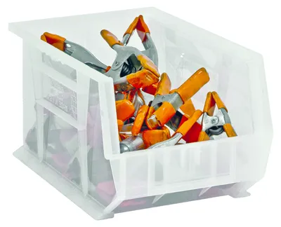 Quantum QUS240CLNB Stack & Hang Bin, 8-1/4"W x 14-3/4"D x 7"H, 65 lb capacity, Clear — in use