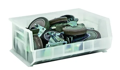Quantum QUS250SNCS Stack & Hang Bin, 16-1/2"W x 14-3/4"D x 7"H, 80 lb capacity, Stone, Case of 6 — in use