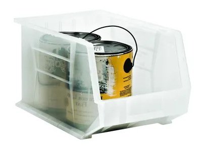 Quantum QUS260CLNB Stack & Hang Bin, 11"W x 18"D x 10"H, 80 lb capacity, Clear — in use