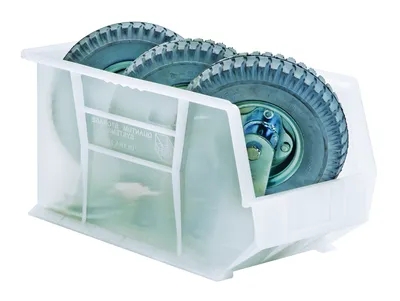 Quantum QUS265CLNB Stack & Hang Bin, 8-1/4"W x 18"D x 9"H, 65 lb capacity, Clear — in use