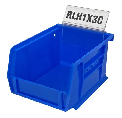 Quantum RLH1X3C Identification Label Holder for Use At Rear of Any Plastic Bin, Clear, Case of 10 — in use