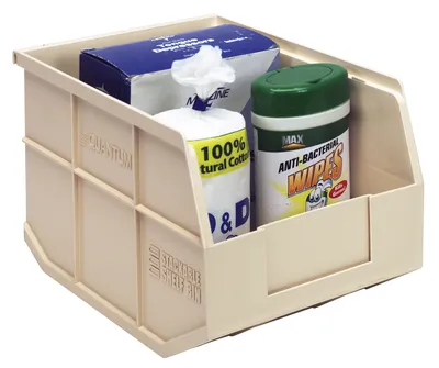 Quantum SSB461ORCS Stackable Shelf Bin, 6"W x 18"D x 7"H, Orange, Case of 6 — in use