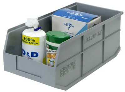 Quantum SSB423BLCS Stackable Shelf Bin, 8-1/4"W x 12"D x 7"H, Blue, Case of 6 — in use