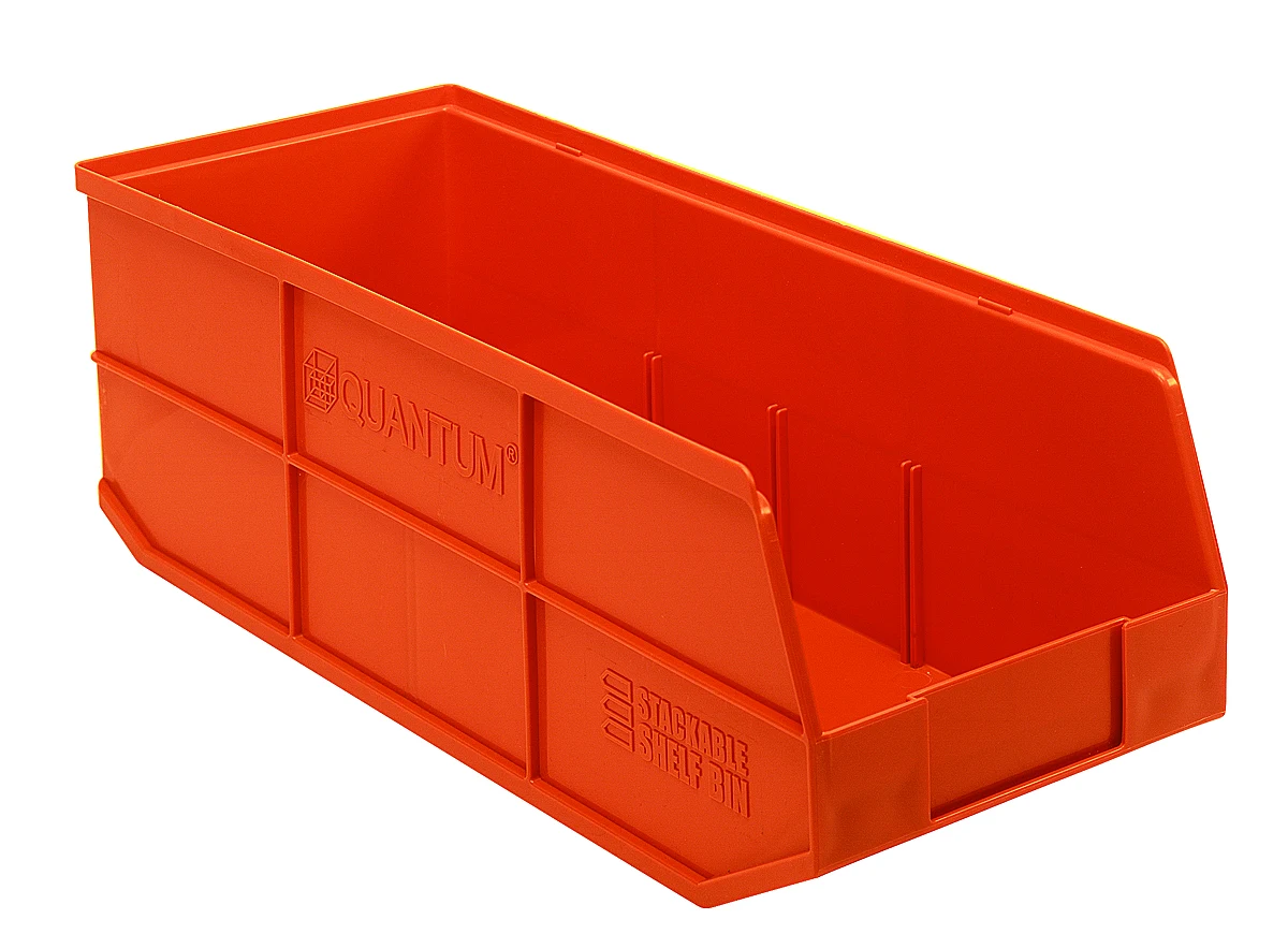 Quantum SSB483ORCS Stackable Shelf Bin, 8-1/4"W x 20-1/2"D x 7"H, Orange, Case of 6