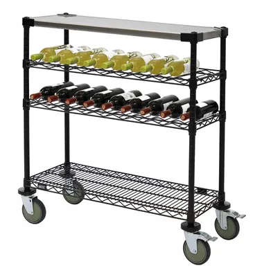 Quantum WRC-1436WSBK-1SS Wine Display/Worktable Cart, 36"W x 14"D x 40"H, 1200 lb capacity, Black — in use