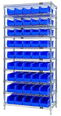 Quantum WR10-221BK Bin Wire Shelving System, 36"D x 18"W x 74"H, 800 lb capacity, Chrome