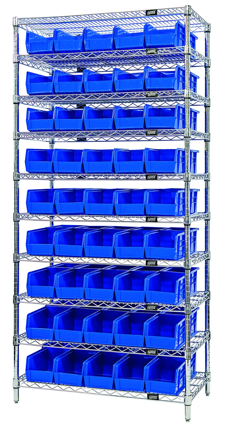 Quantum WR10-221RD Bin Wire Shelving System, 36"D x 18"W x 74"H, 800 lb capacity, Chrome